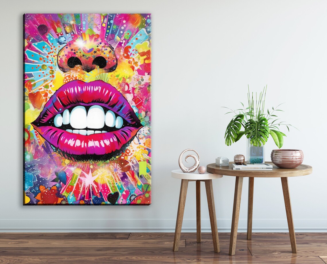 Womans Lips Collage Art Bold Magenta Smiling Pop Art Female Decor Large Wall Art Print - Image 2