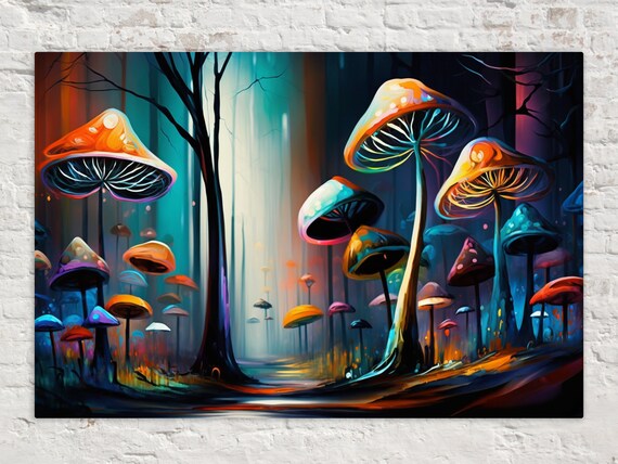 Enchanted Mushroom Forest Path Glowing Caps Magical Night Art Poster