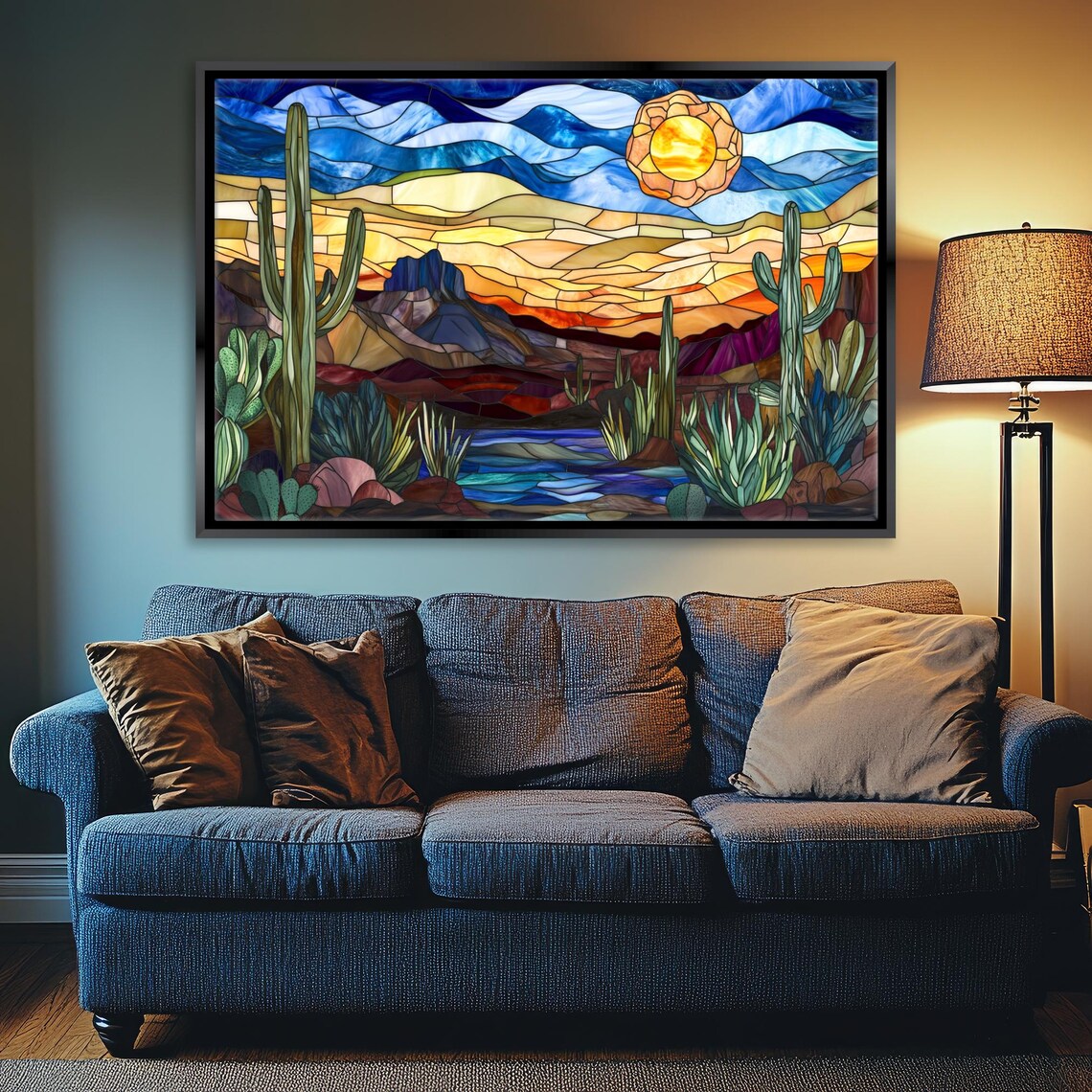 Stained Glass Desert Night Saguaro Cactus Under Sunset Sky Art Poster - Image 5