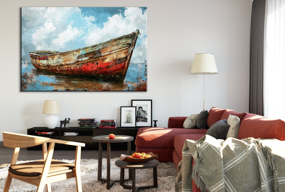 Old Red and White Boat Coastal Wall Art Print - Image 2