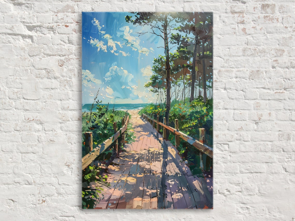Wooden Boardwalk Path Through Pine Trees To The Ocean Beach Poster