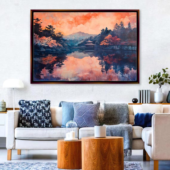 Sunrise Over Kyoto Traditional Japanese Watercolor Framed Or Unframed Gallery Wrapped Gicle Ready To Hang Extra Large Wall Art