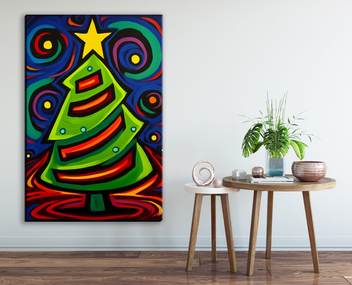 Cubist Cartoon Christmas Tree Bold Stripes Yellow Star Wall Art Poster - Image 2