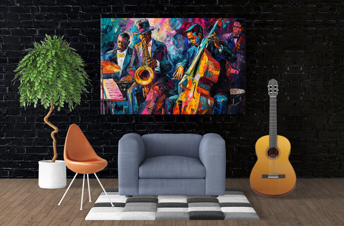 Colorful Jazz Ensemble Saxophone Double Bass Palette Knife Music Art Print - Image 3