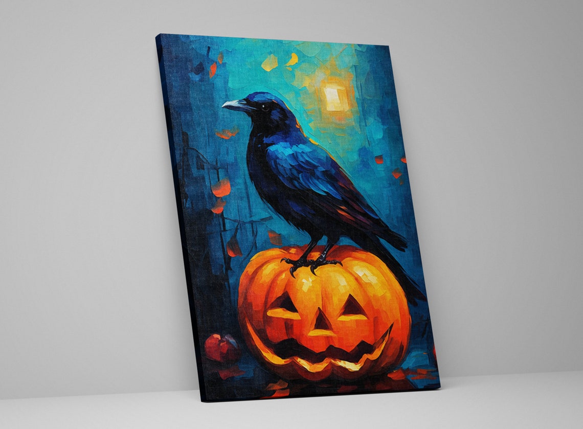 Black Crow on Jack O Lantern Halloween Night Spooky Art Poster - Image 5