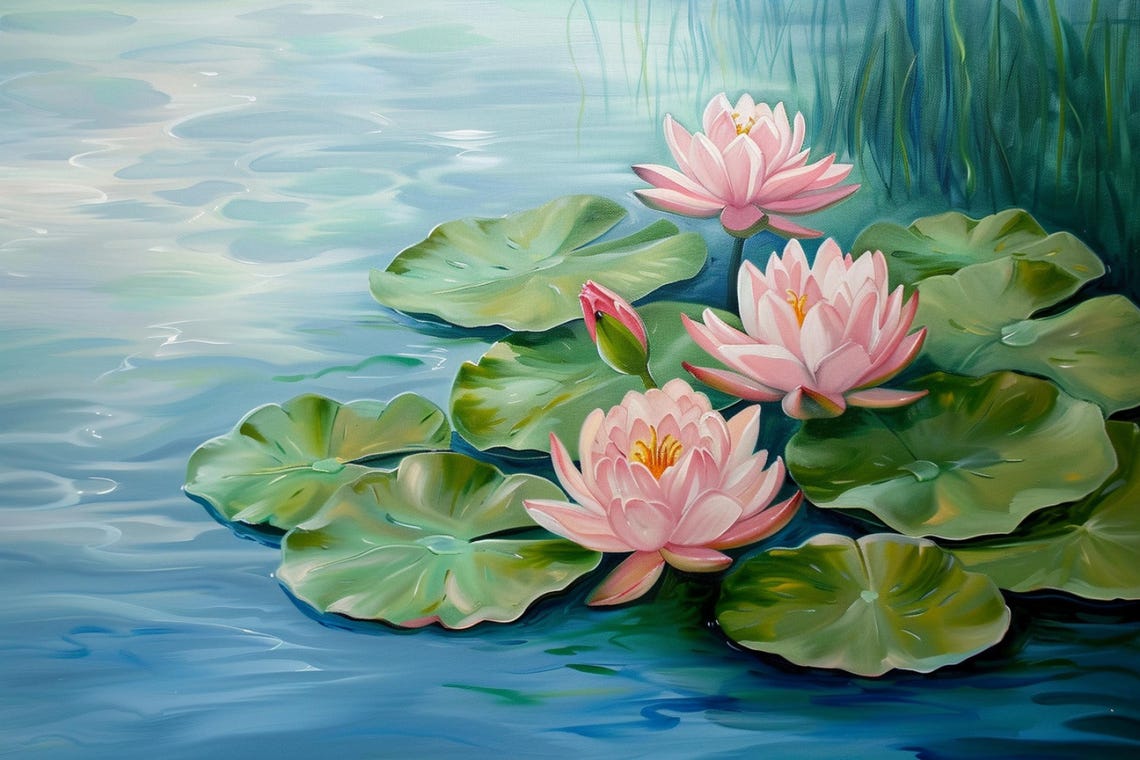 Pastel Pink Water Lilies Soft Lotus Blossoms Blue Pond Floral Print - Image 4