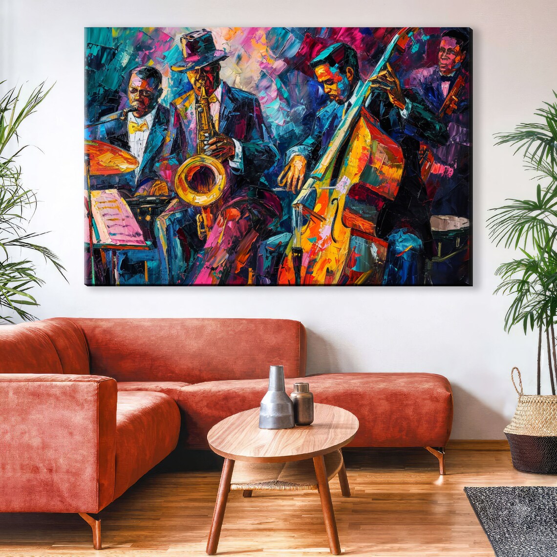 Colorful Jazz Ensemble Saxophone Double Bass Palette Knife Music Art Print - Image 2