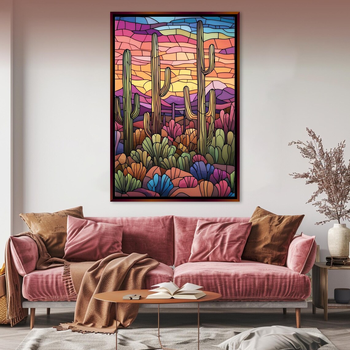 Stained Glass Saguaro Desert Sunset Cactus Landscape Art Poster Print