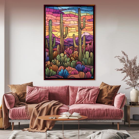 Bold Saguaro Cactus In Stained Glass Style Desert Print Framed Unframed Gallery Wrapped Gicle Ready To Hang Extra Large Wall Art