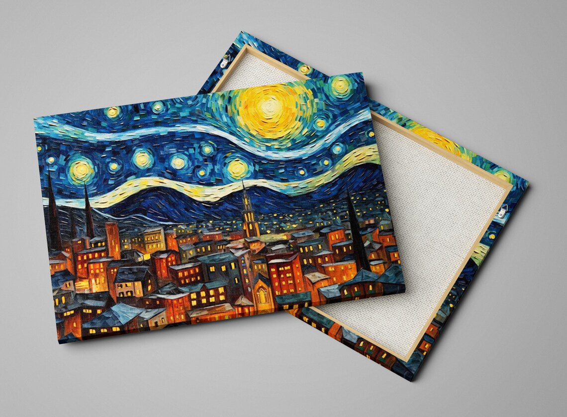 Starry Night City Skyline Swirling Blue Yellow Van Gogh Style Poster - Image 4