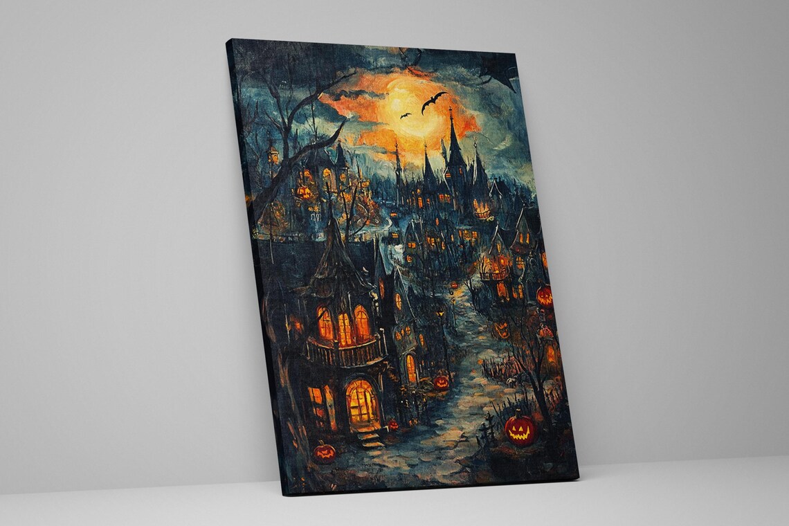 Spooky Gothic Halloween Town Full Moon Jack O Lanterns Night Street Poster - Image 2