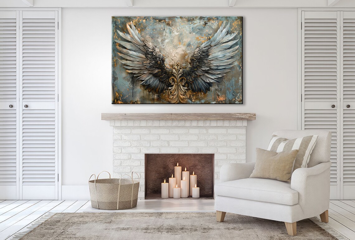 Gold and Blue Angel Wings, Ornate Feathers Art Print - Image 2