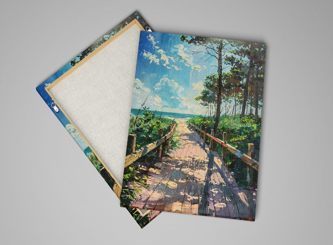Wooden Boardwalk Path Through Pine Trees To The Ocean Beach Poster - Image 4
