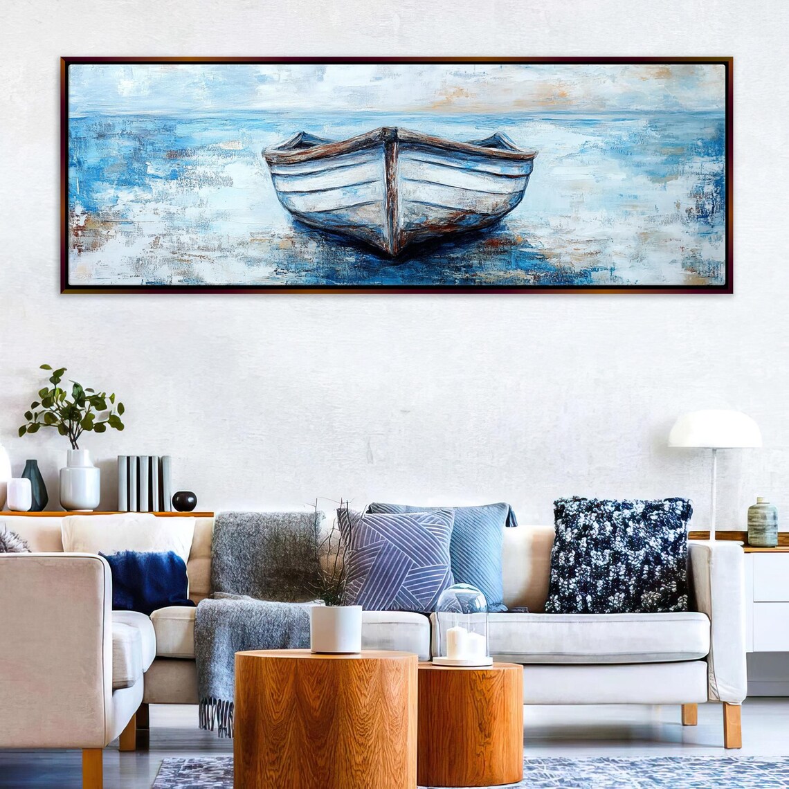 Panoramic Weathered Boat Blue White Coastal Nautical Long Horizontal Wall Art - Image 3
