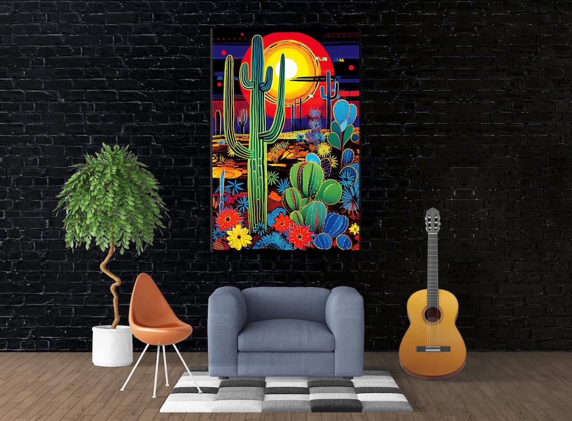 Neon Desert Sunset Giant Saguaro Colorful Cactus Wildflowers Poster - Image 2