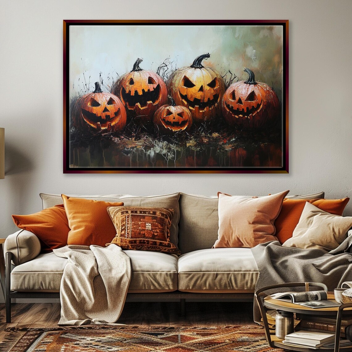 Creepy Jack O Lantern Pumpkins Halloween Grinning Faces Spooky Wall Art - Image 4