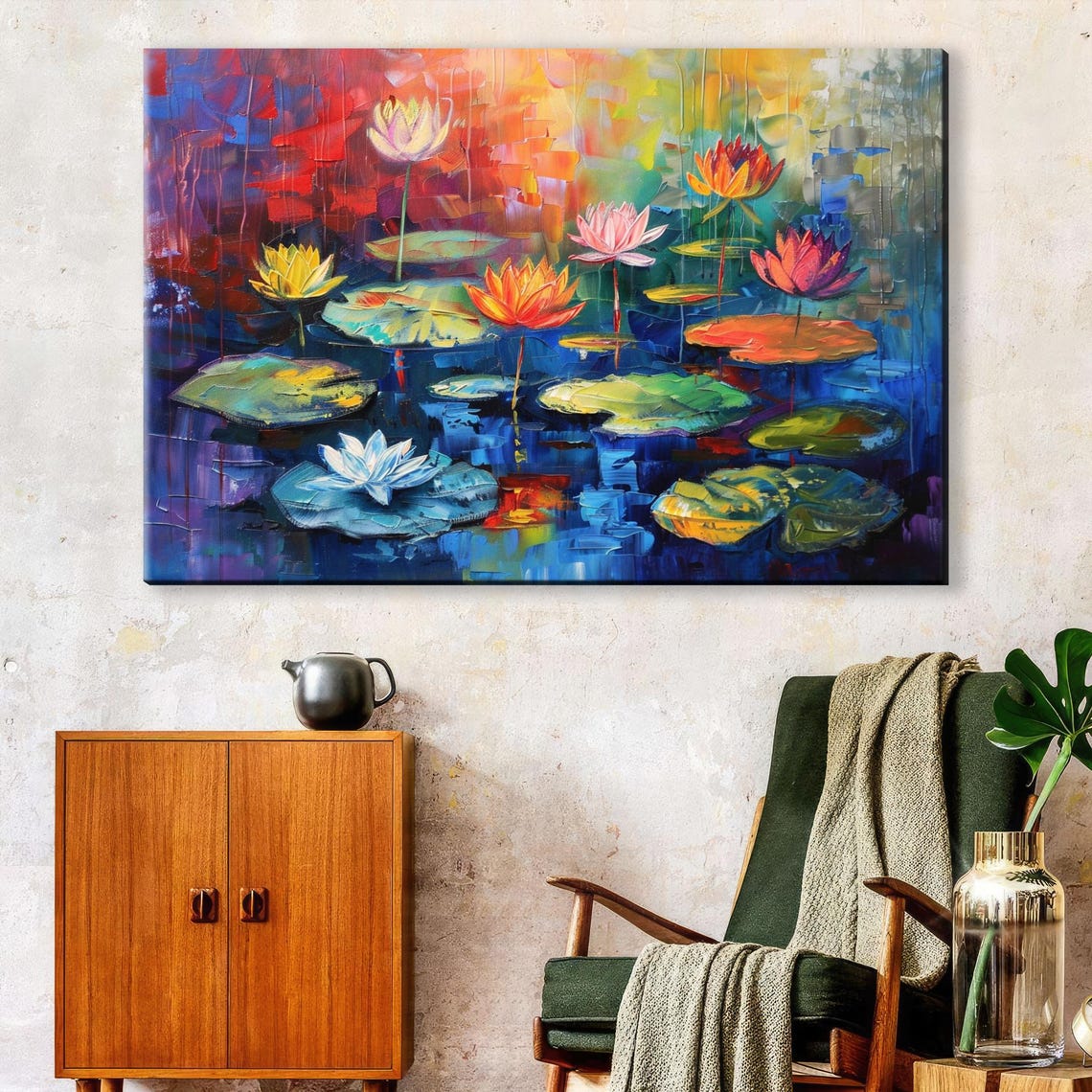 Colorful Water Lilies Monet Inspired Art Gicle Print On Gallery Wrapped Artist Ready To Hang Available In Extra Large Sizes - Image 2