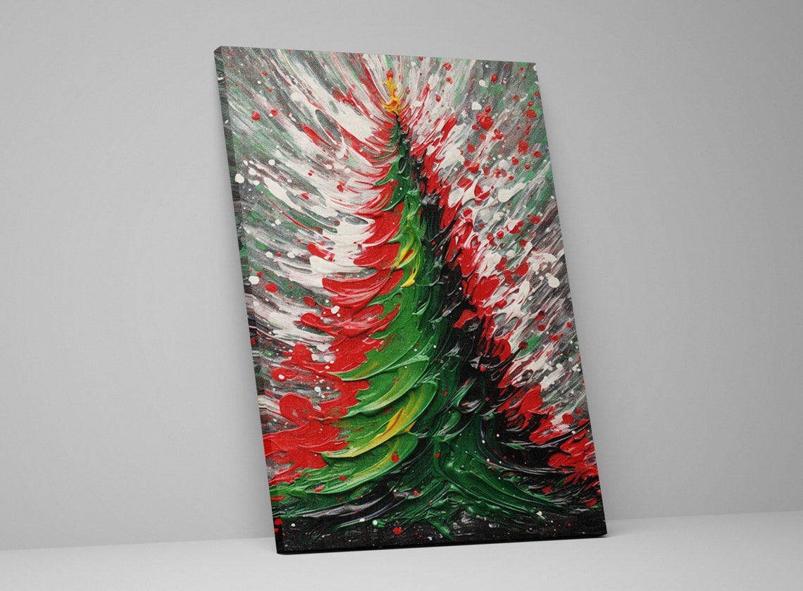 Abstract Christmas Tree Red Green White Swirl Palette Knife Art Print - Image 5