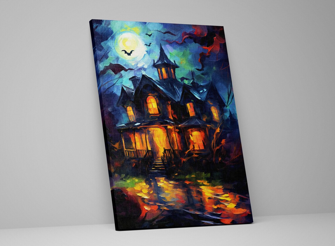 Eerie Haunted Victorian House Full Moon Bats Night Oil Painting Poster - Image 5