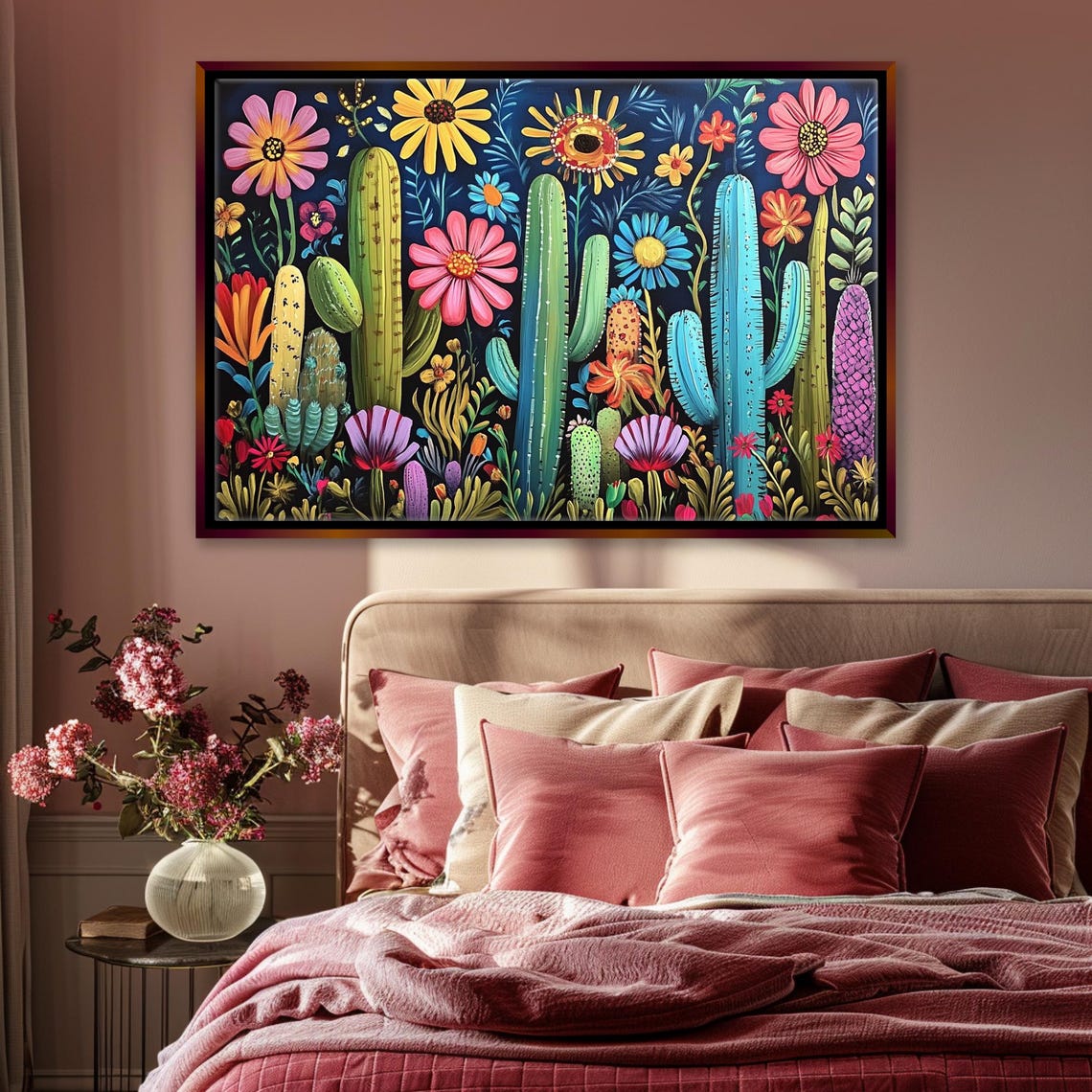 Colorful Cactus Garden With Blooms Dark Background Botanical Wall Art
