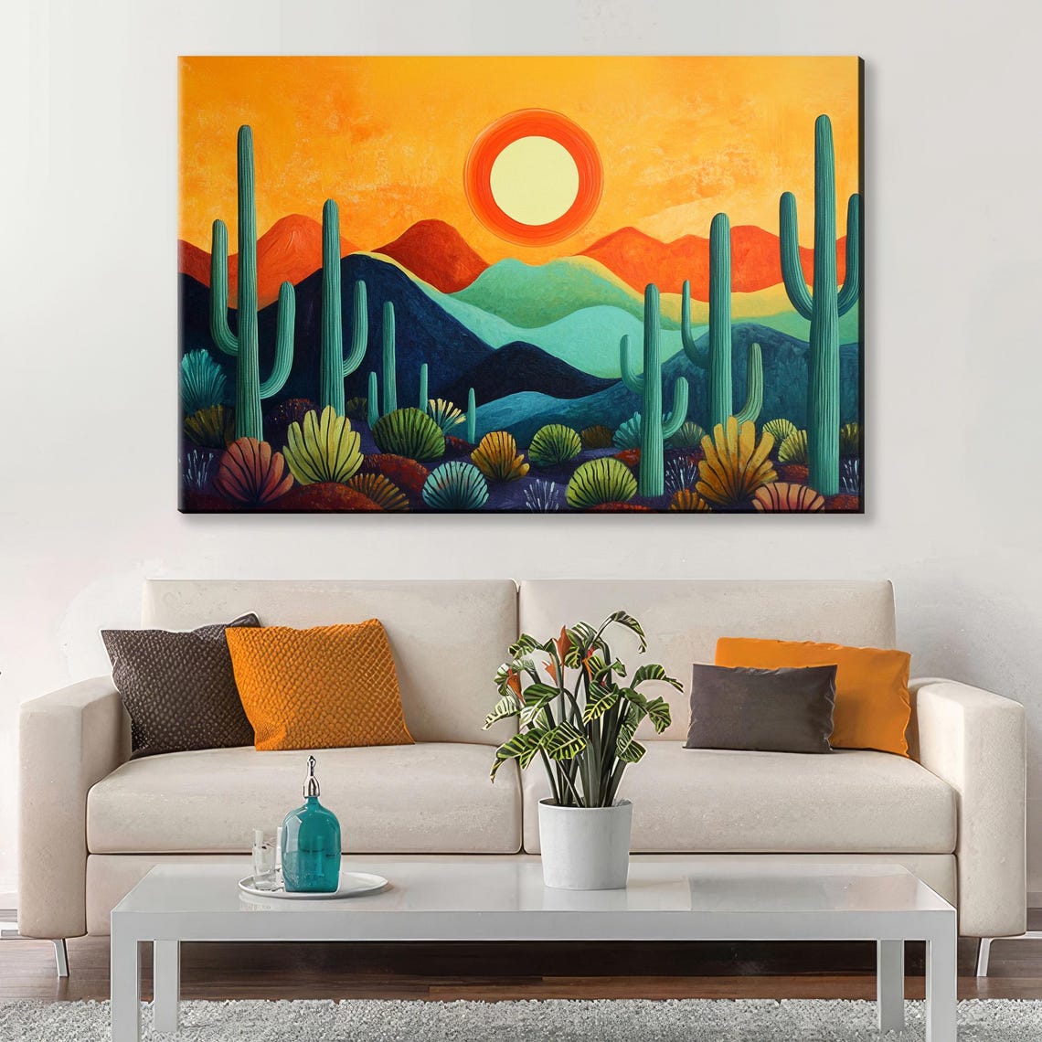 Mid Century Modern Desert Sun Saguaro Cactus Mountain Landscape Poster - Image 4
