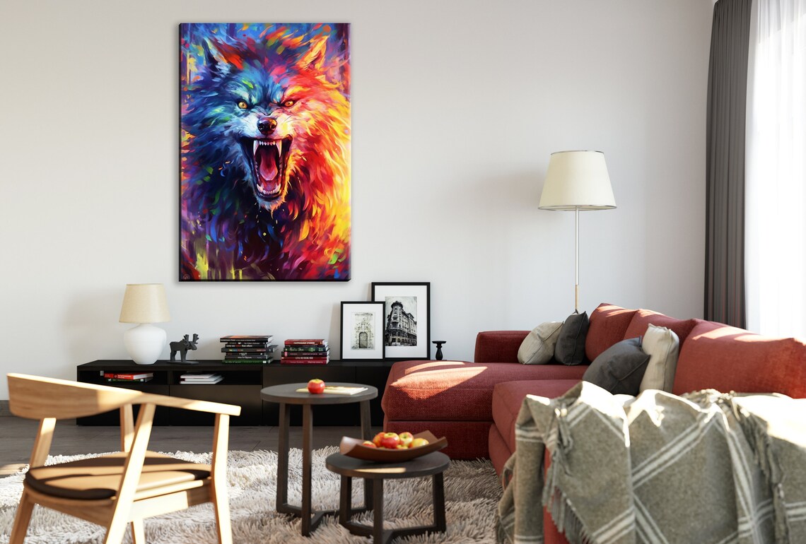 Snarling Wolf Split Blue Orange Pop Art Fangs Bared Bold Painting Print - Image 2