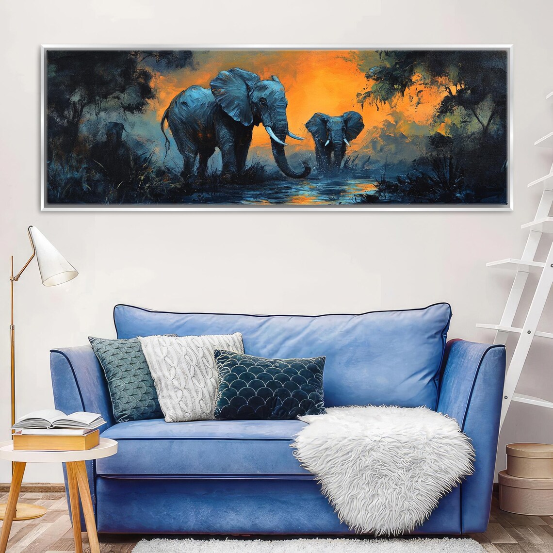 Elephants At Sunset African Waterhole Mother Baby Golden Panoramic Poster - Image 4