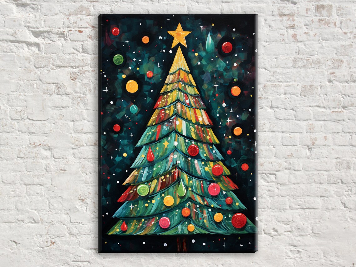 Festive Boho Christmas Tree Colorful Ornaments Starry Night Art Print