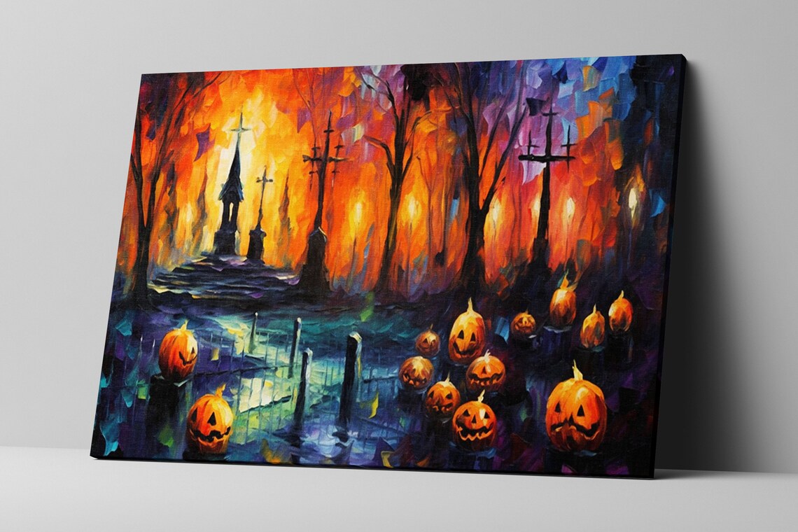 Spooky Halloween Graveyard Jack-O-Lanterns Oil Painting Style Art Print - Image 5