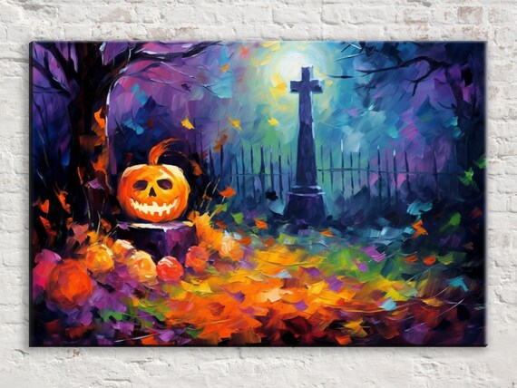 Grinning Jack-O-Lantern Moonlit Graveyard Autumn Night Oil Painting Print