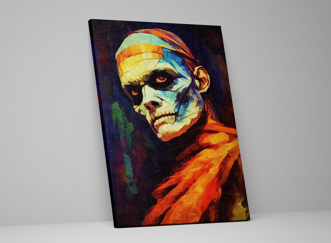 Scary Mummy Portrait Glowing Red Eyes Geometric Oil Painting Art Print - Image 5