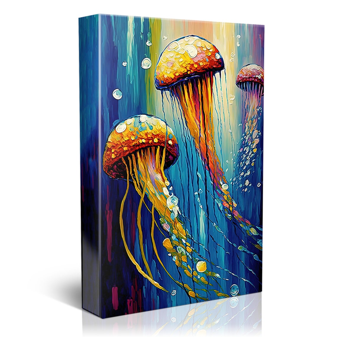 Three Jellyfish Golden Tentacles Deep Blue Ocean Dreamy Art Poster - Image 4