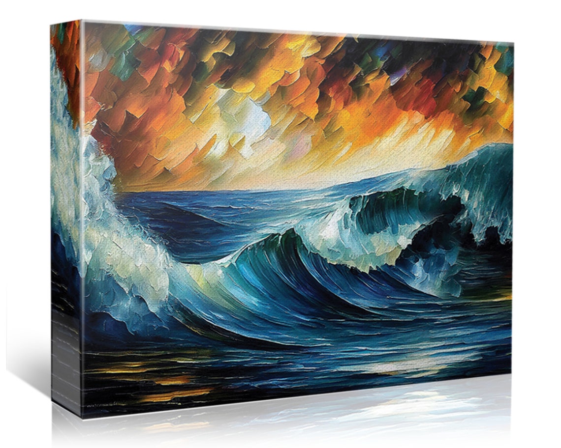 Ocean Wave at Sunset Deep Blue Surf Dramatic Sky Oil Paint Poster - Image 5