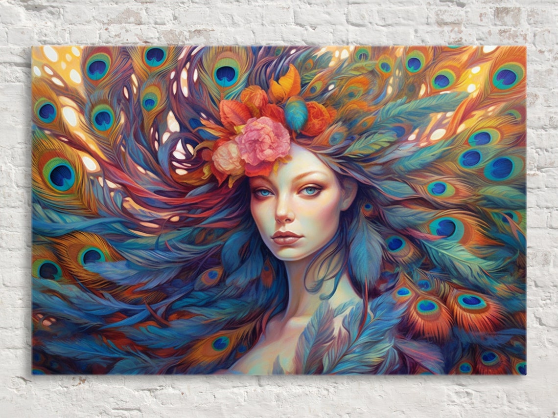 Peacock Feather Headdress Woman Portrait Copper Teal Art Poster