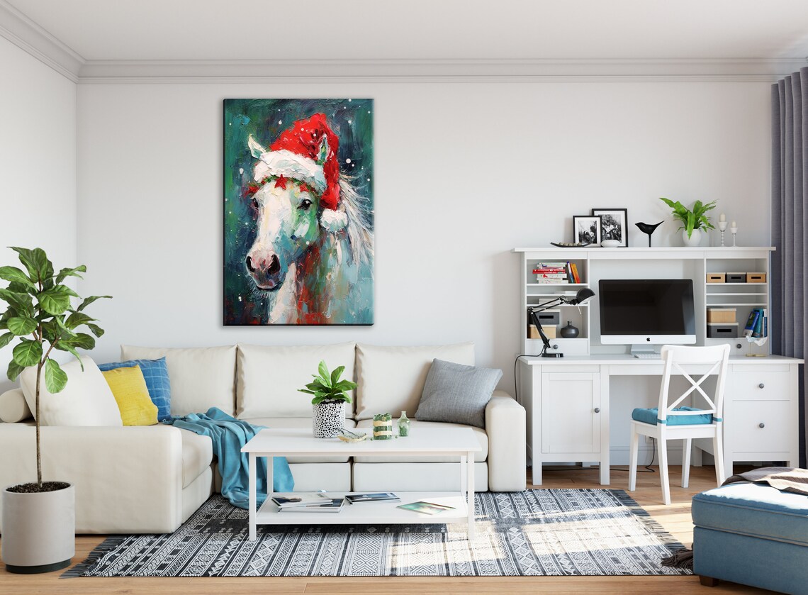 Horse in Santa Hat, Farmhouse Christmas Art Print - Image 3