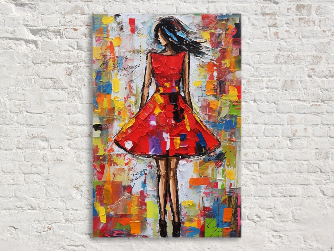 Woman in Red Dress Impasto Painting Elegant Back View Poster