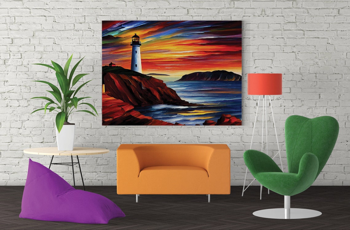 Lighthouse on Red Cliffs at Sunset Dramatic Ocean Coast View Poster - Image 3