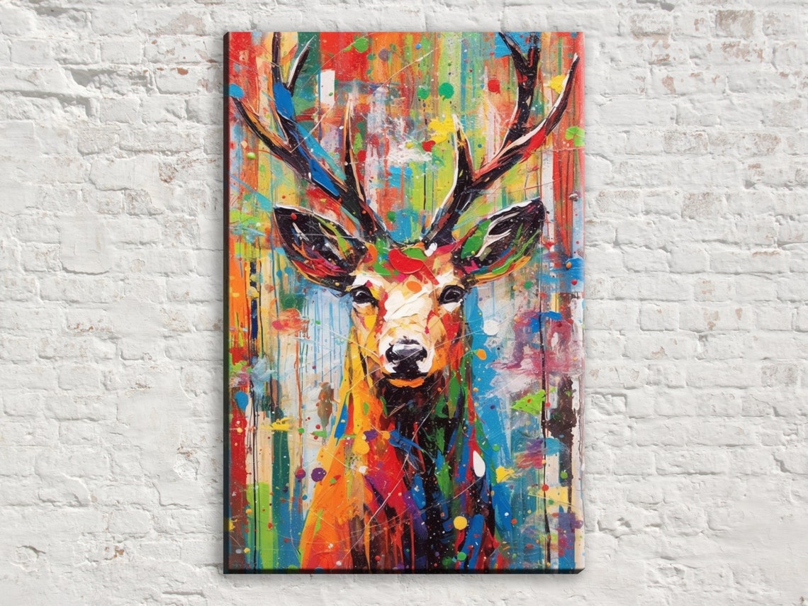 Deer Head Pop Art Splash Colorful Paint Drip Bold Modern Animal Poster
