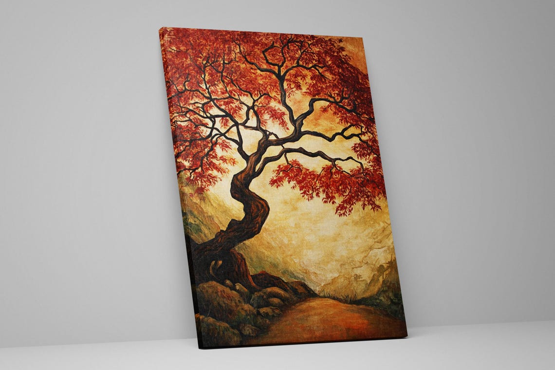 Twisted Red Maple Tree Autumn Foliage Golden Light Painting Wall Art - Image 2