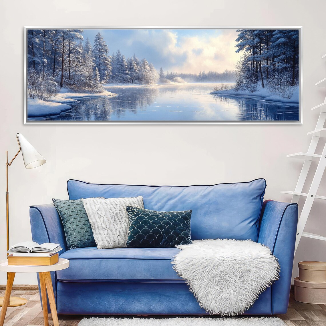 Serene Winter Lake Snowy Pines Still Water Soft Morning Sky Art Poster