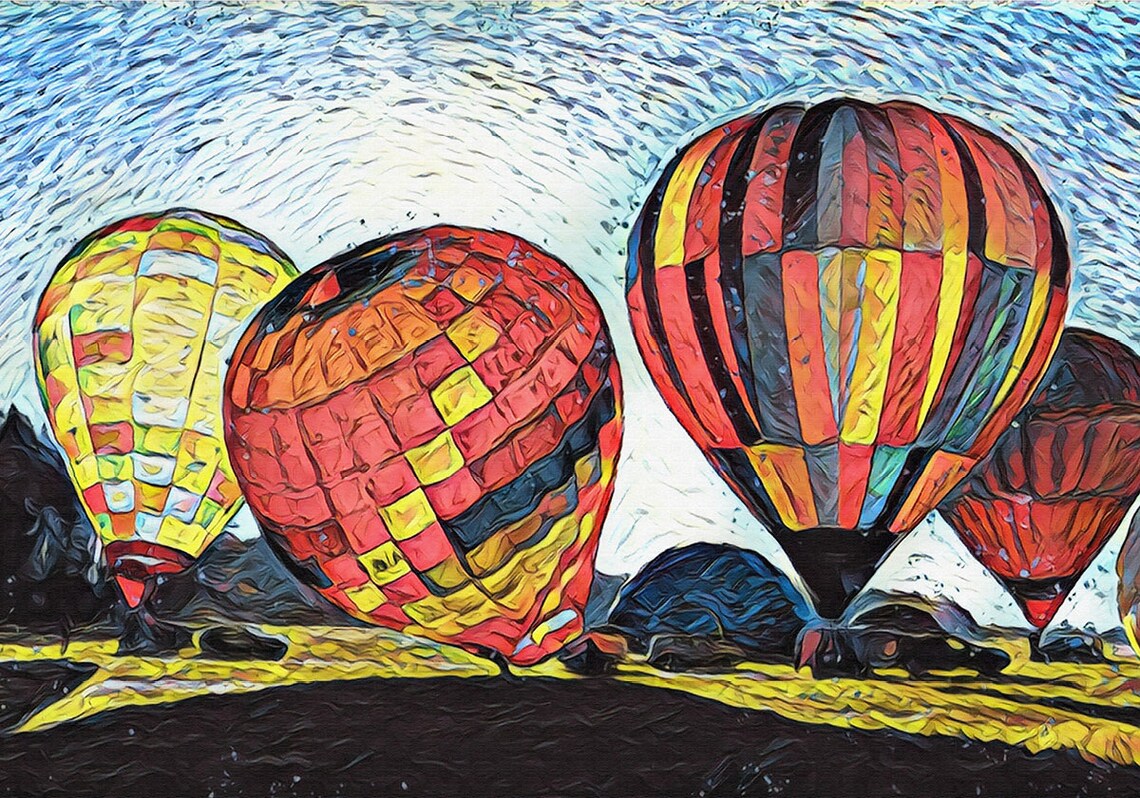 Colorful Hot Air Balloons Night Glow Launch Impressionist Art Poster