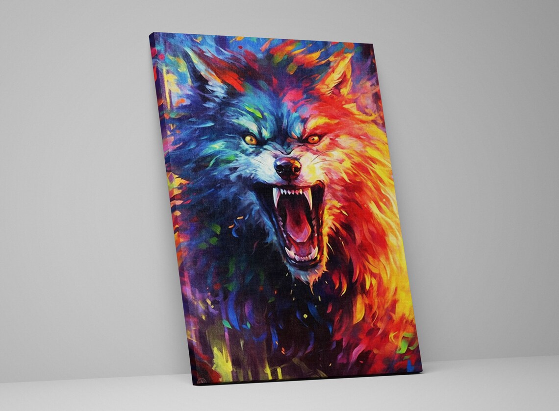 Snarling Wolf Split Blue Orange Pop Art Fangs Bared Bold Painting Print - Image 5