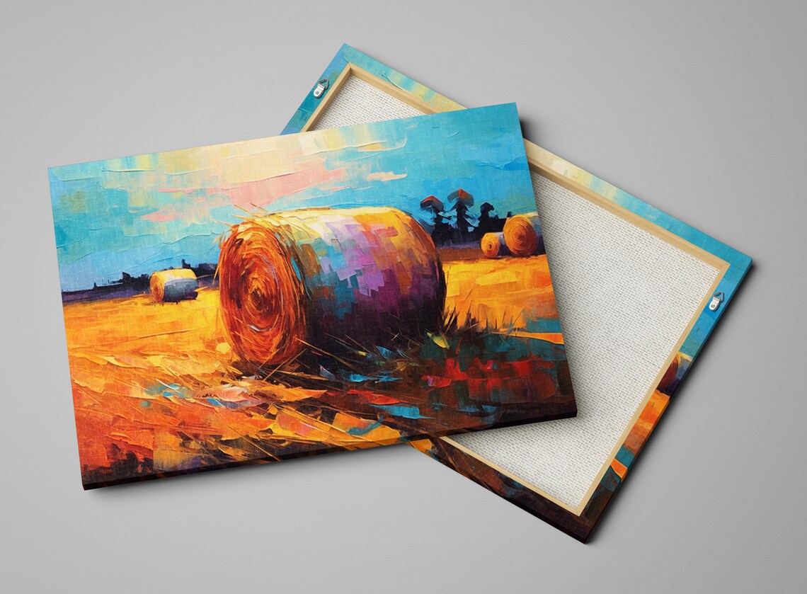 Golden Autumn Hay Bale Harvest Field Blue Sky Impressionist Poster - Image 4