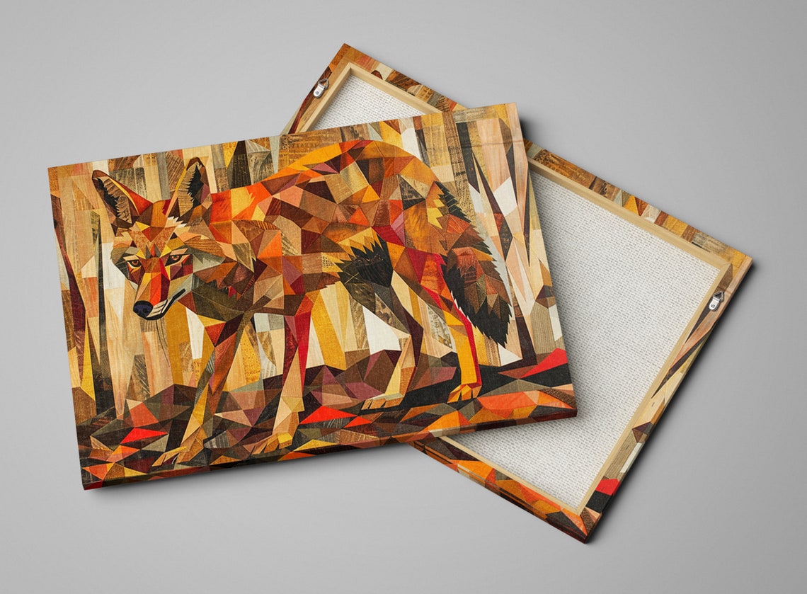 Geometric Low Poly Coyote Walking Forest Warm Orange Brown Art Poster - Image 3
