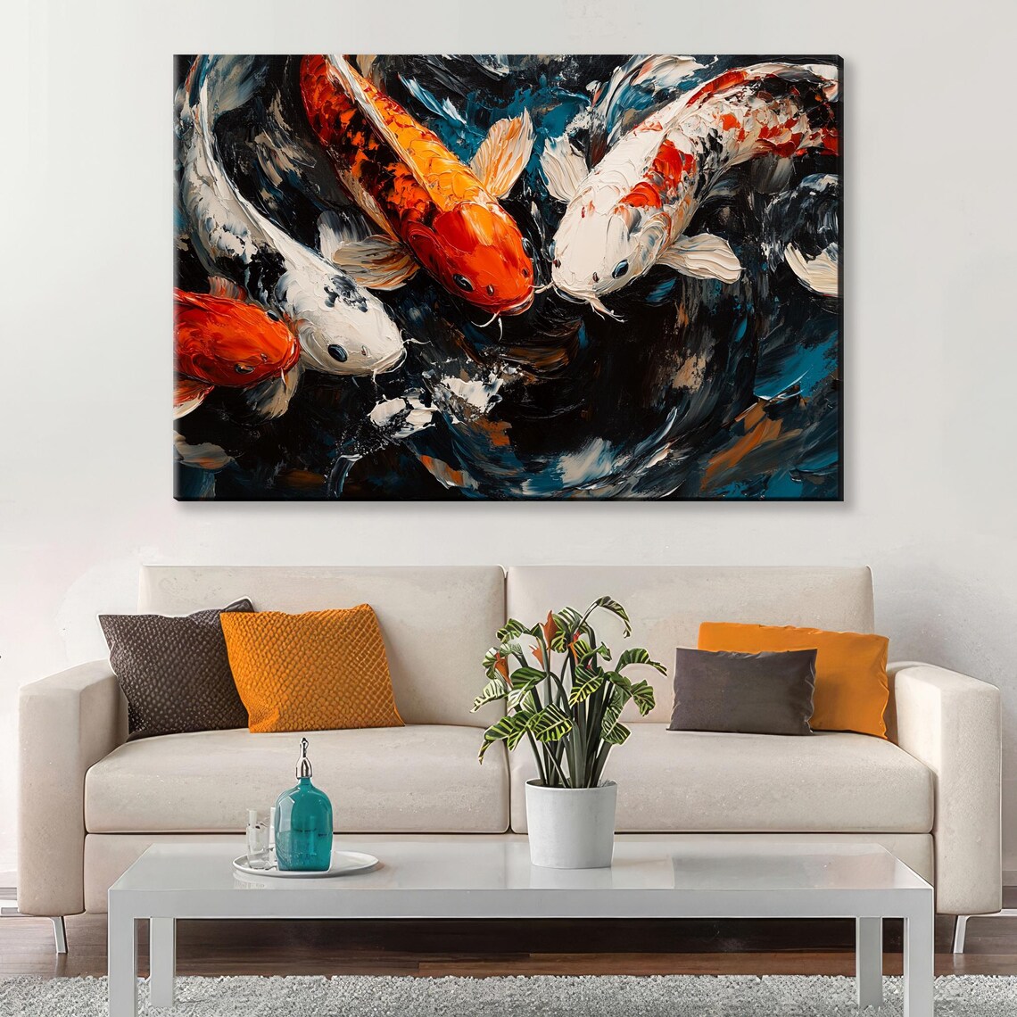 Koi Fish Swimming Dark Water Colorful Oil Painting Art Print - Image 3