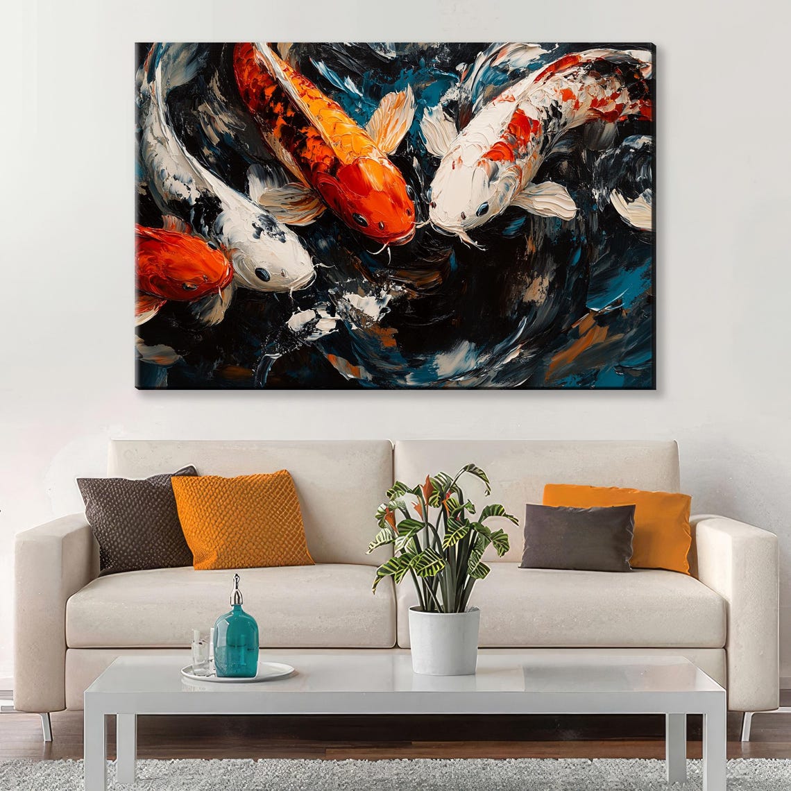 Three Koi Fish Swimming Print Zen Home Decor Framed Or Unframed Gallery Wrapped Gicle Ready To Hang Extra Large Wall Art - Image 3