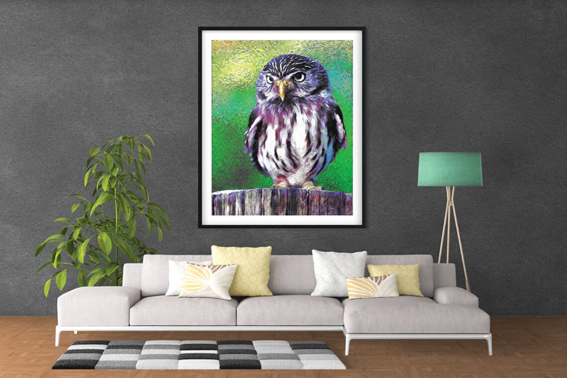 Colorful Owl Portrait Purple Green Impressionist Art Wall Poster - Image 2