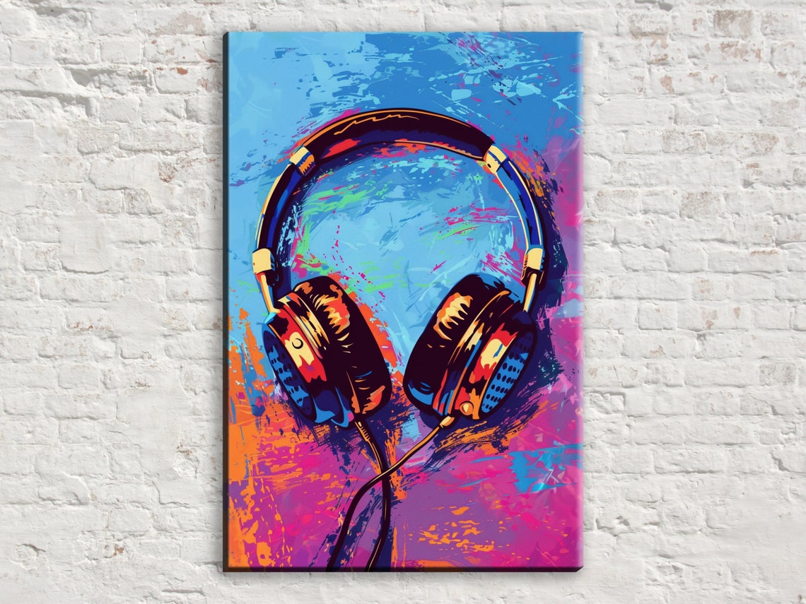 Headphones Pop Art Blue Magenta Orange Gradient Music Wall Decor Print