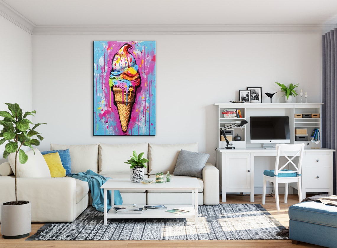 Melting Ice Cream Cone Pop Art Pink Blue Drips Sweet Wall Art - Image 4