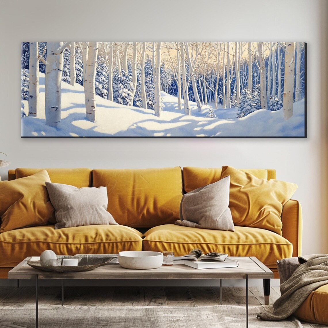 Panoramic Cozy Aspen Trees In Snow Rustic Framed Unframed Long Horizontal Gallery Wrapped Ready To Hang Extra Large Wall Art - Image 4